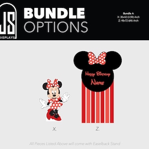 May include: Bundle options featuring Minnie Mouse designs. Includes a Minnie Mouse character graphic and a birthday-themed arch with the text "Happy Birthday Name". The arch is 48x72 inches (6ft).