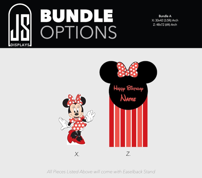 May include: Bundle options featuring Minnie Mouse designs. Includes a Minnie Mouse character graphic and a birthday-themed arch with the text "Happy Birthday Name". The arch is 48x72 inches (6ft).