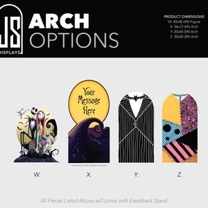 May include: Four decorative display panels labeled W, X, Y, and Z. Panel W features characters from The Nightmare Before Christmas. Panel X has a yellow moon with the text Your Message Here. Panel Y shows a pinstripe suit pattern. Panel Z has a patchwork design.