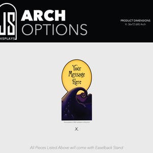May include: A decorative arch display featuring a yellow circular moon graphic above a dark purple, stylized rolling hill landscape. The text 'Your Message Here' is printed in black on the moon. The product dimensions are 36x72 inches.