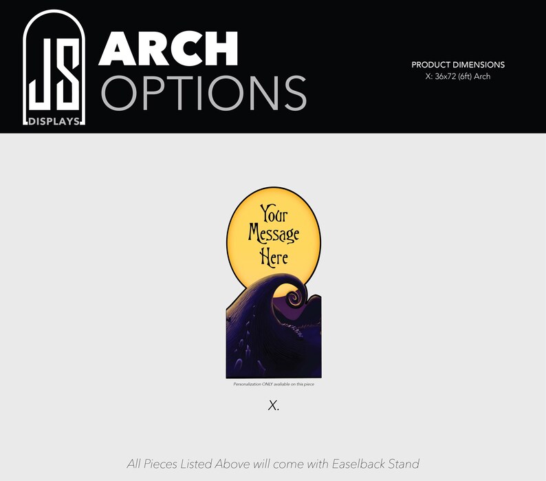 May include: A decorative arch display featuring a yellow circular moon graphic above a dark purple, stylized rolling hill landscape. The text 'Your Message Here' is printed in black on the moon. The product dimensions are 36x72 inches.