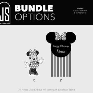 May include: Black and white image featuring a Minnie Mouse-themed birthday decoration set. The set includes a Minnie Mouse figure and a pillar-shaped decoration with the text "Happy Birthday Name". The dimensions of the arch are 30x42 inches and 48x72 inches.
