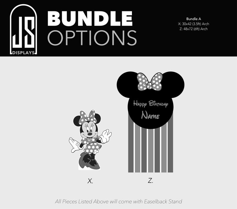 May include: Black and white image featuring a Minnie Mouse-themed birthday decoration set. The set includes a Minnie Mouse figure and a pillar-shaped decoration with the text "Happy Birthday Name". The dimensions of the arch are 30x42 inches and 48x72 inches.