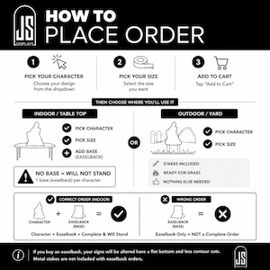 May include: A black and white instructional infographic titled HOW TO PLACE ORDER by JS DISPLAYS. It outlines three steps: pick character, pick size, and add to cart. It details indoor tabletop options with easelbacks and outdoor yard options with stakes.