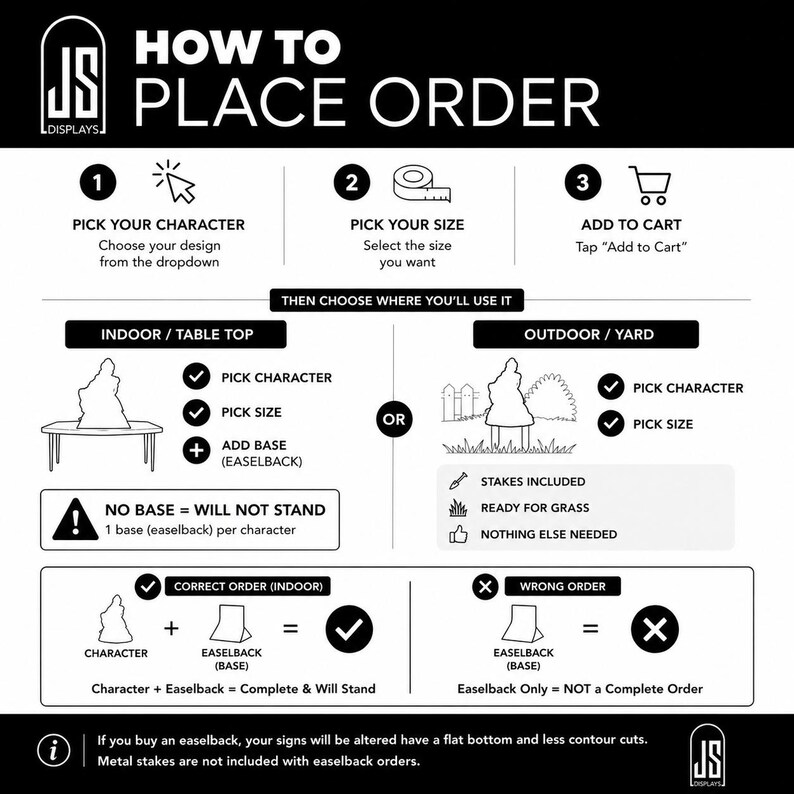 May include: A black and white instructional infographic titled HOW TO PLACE ORDER by JS DISPLAYS. It outlines three steps: pick character, pick size, and add to cart. It details indoor tabletop options with easelbacks and outdoor yard options with stakes.
