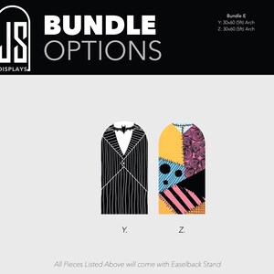 May include: Bundle E display options featuring two 30x60 inch arch-shaped panels. Panel Y displays a black and white pinstripe suit pattern with a bat bowtie. Panel Z features a multi-colored patchwork design with yellow, pink, and blue sections.