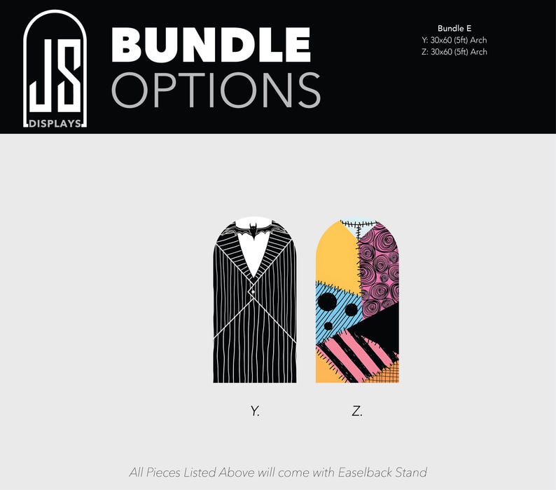 May include: Bundle E display options featuring two 30x60 inch arch-shaped panels. Panel Y displays a black and white pinstripe suit pattern with a bat bowtie. Panel Z features a multi-colored patchwork design with yellow, pink, and blue sections.