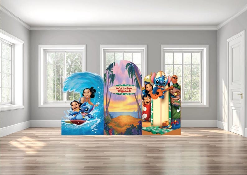 Lilo and Stitch cartoon movie version luau Hawaiian beach themed arch backdrop party photo wall sign decor display image 1