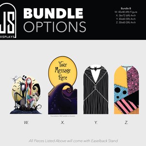 May include: A set of four decorative display boards labeled W, X, Y, and Z. Board W features characters from The Nightmare Before Christmas. Board X shows a yellow moon with the text Your Message Here. Board Y has a black pinstripe suit pattern. Board Z displays a colorful patchwork design.