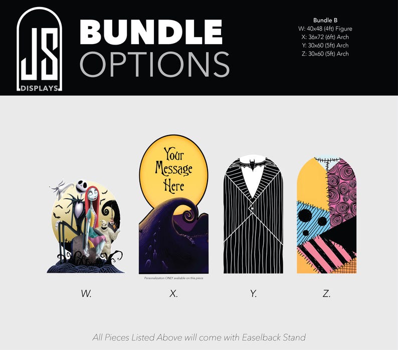 May include: A set of four decorative display boards labeled W, X, Y, and Z. Board W features characters from The Nightmare Before Christmas. Board X shows a yellow moon with the text Your Message Here. Board Y has a black pinstripe suit pattern. Board Z displays a colorful patchwork design.
