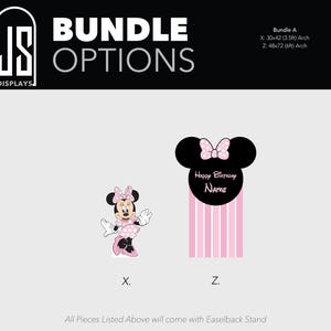 May include: Image features a black and white logo for JS Displays, with the text "BUNDLE OPTIONS". Below are two Minnie Mouse-themed party decorations. One is a Minnie Mouse cutout, and the other is a pink and white striped arch with a Minnie Mouse head.