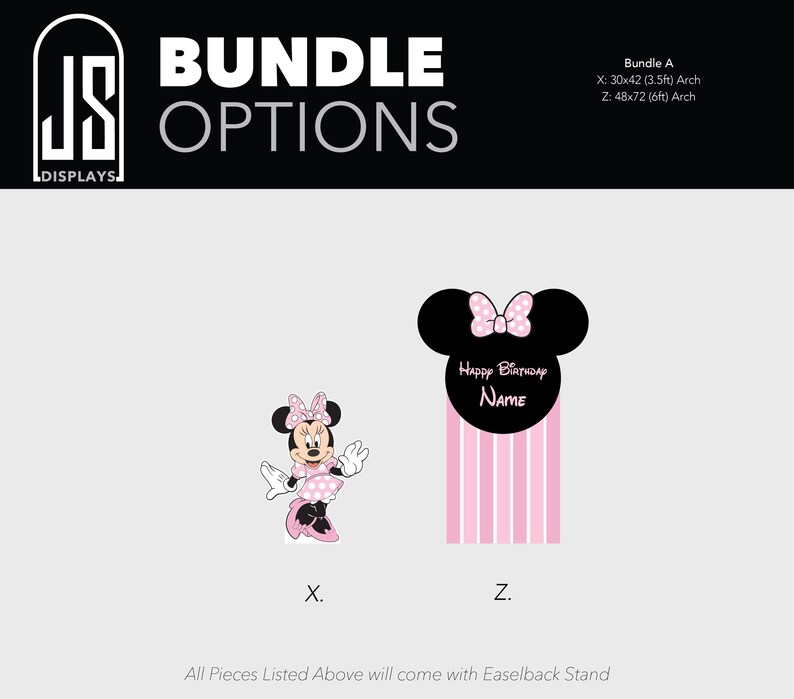 May include: Image features a black and white logo for JS Displays, with the text "BUNDLE OPTIONS". Below are two Minnie Mouse-themed party decorations. One is a Minnie Mouse cutout, and the other is a pink and white striped arch with a Minnie Mouse head.