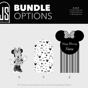 May include: Black and white bundle options for a birthday party. Includes a Minnie Mouse cutout, an arch with Minnie Mouse and rainbow patterns, and a Minnie Mouse head with a "Happy Birthday" message. The bundle includes an easelback stand.