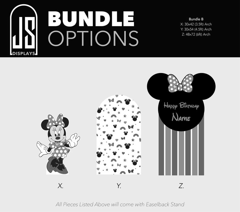 May include: Black and white bundle options for a birthday party. Includes a Minnie Mouse cutout, an arch with Minnie Mouse and rainbow patterns, and a Minnie Mouse head with a "Happy Birthday" message. The bundle includes an easelback stand.