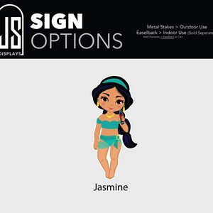 Puede incluir: Ilustraci&oacute;n de dibujos animados de Jasmine, con un bikini turquesa y sosteniendo una bebida. La imagen es parte de una pantalla de opciones de letreros, con texto en la parte superior que indica opciones de uso en exteriores e interiores. El nombre "Jasmine" est&aacute; escrito en la parte inferior.