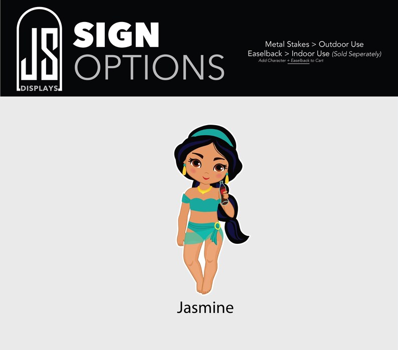 Puede incluir: Ilustraci&oacute;n de dibujos animados de Jasmine, con un bikini turquesa y sosteniendo una bebida. La imagen es parte de una pantalla de opciones de letreros, con texto en la parte superior que indica opciones de uso en exteriores e interiores. El nombre "Jasmine" est&aacute; escrito en la parte inferior.