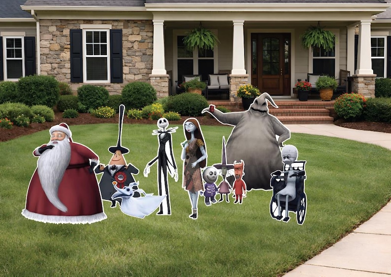 May include: A collection of flat, cutout yard decorations featuring characters from The Nightmare Before Christmas, including Santa Claus, Jack Skellington, Sally, Zero the ghost dog, Oogie Boogie, and other figures arranged on a green lawn.