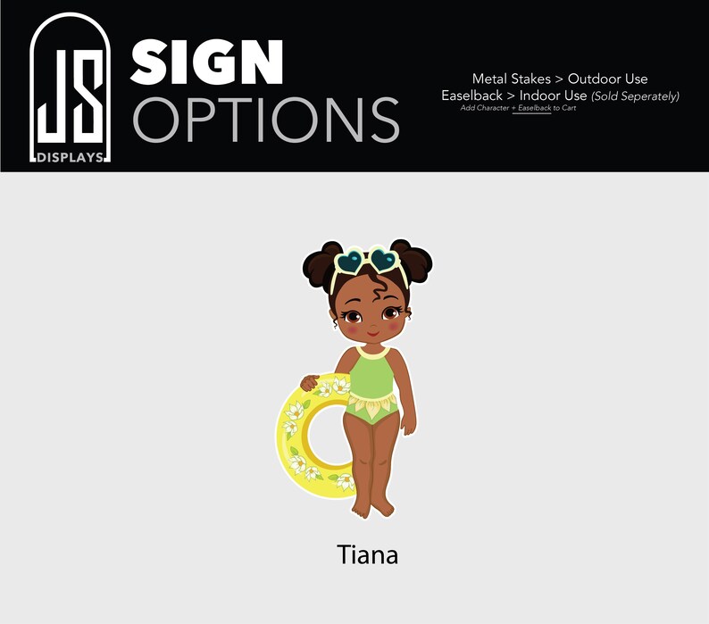 Puede incluir: Ilustraci&oacute;n de dibujos animados de una ni&ntilde;a llamada Tiana con un traje de ba&ntilde;o verde y gafas de sol en forma de coraz&oacute;n, sosteniendo una c&aacute;mara de aire amarilla y blanca con motivos florales. Incluye el texto "SIGN OPTIONS".