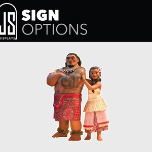 Puede incluir: Imagen promocional con dos personajes animados de la pel&iacute;cula Moana. Los personajes est&aacute;n uno al lado del otro. El texto "SIGN OPTIONS" se muestra en blanco sobre un fondo negro.