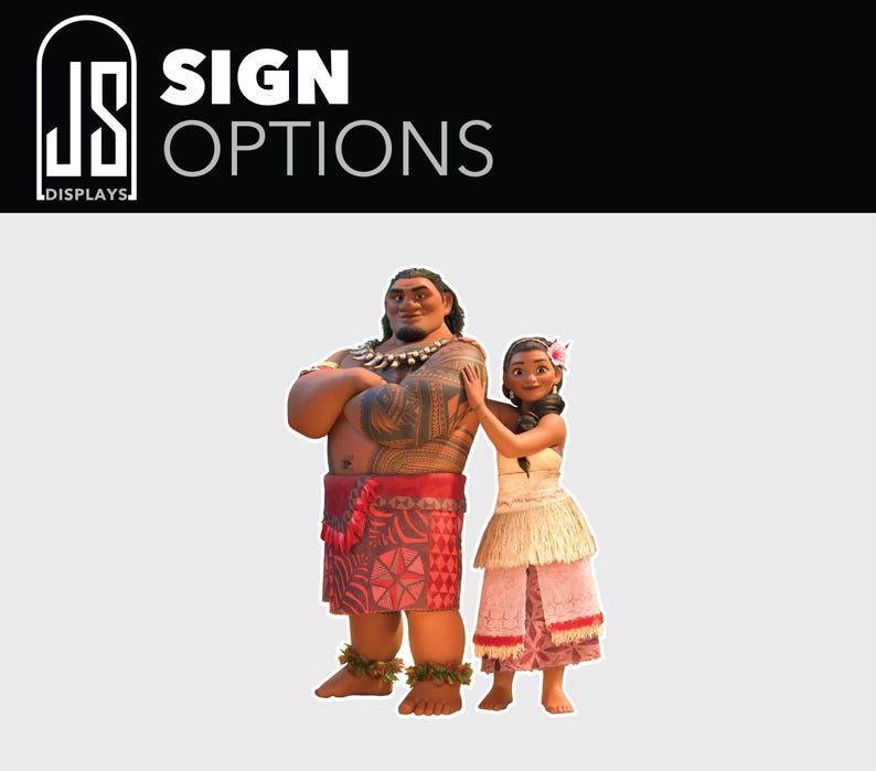 Puede incluir: Imagen promocional con dos personajes animados de la pel&iacute;cula Moana. Los personajes est&aacute;n uno al lado del otro. El texto "SIGN OPTIONS" se muestra en blanco sobre un fondo negro.