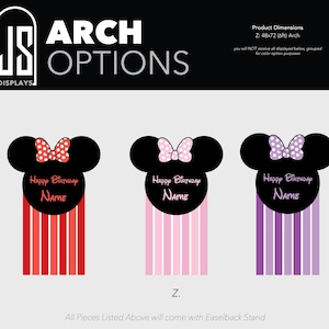 May include: Three Minnie Mouse-themed birthday decorations. Each features a black silhouette of Minnie's head with a bow and a vertical striped base. The bows are red with white polka dots, pink with white polka dots, and purple with white polka dots. Each has the text "Happy Birthday" and "Name".