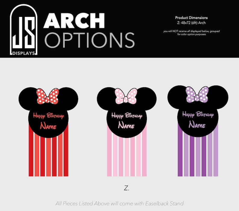 May include: Three Minnie Mouse-themed birthday decorations. Each features a black silhouette of Minnie's head with a bow and a vertical striped base. The bows are red with white polka dots, pink with white polka dots, and purple with white polka dots. Each has the text "Happy Birthday" and "Name".