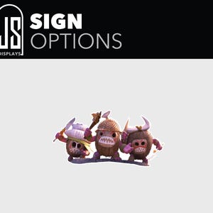 Puede incluir: La imagen presenta tres personajes de dibujos animados de coco con varias armas y accesorios. La parte superior de la imagen tiene el texto "SIGN OPTIONS" en letras blancas sobre un fondo negro, con un logotipo de "JS DISPLAYS" en la esquina superior izquierda.