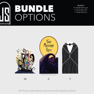 May include: A set of three decorative displays labeled W, X, and Y. W features characters from The Nightmare Before Christmas. X is an arch with a yellow moon and the text Your Message Here. Y is a black pinstriped suit arch with a bat icon.