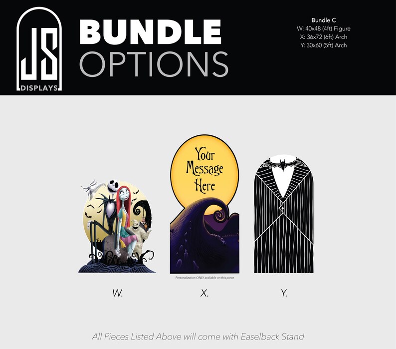 May include: A set of three decorative displays labeled W, X, and Y. W features characters from The Nightmare Before Christmas. X is an arch with a yellow moon and the text Your Message Here. Y is a black pinstriped suit arch with a bat icon.