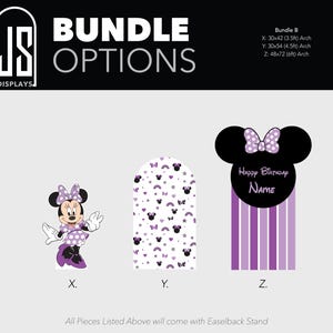 May include: Bundle B display options featuring Minnie Mouse designs. Includes a Minnie Mouse character, an arch with Minnie Mouse patterns, and a Minnie Mouse head with a Happy Birthday banner. The arch sizes are 30x42 inches, 30x54 inches, and 48x72 inches.