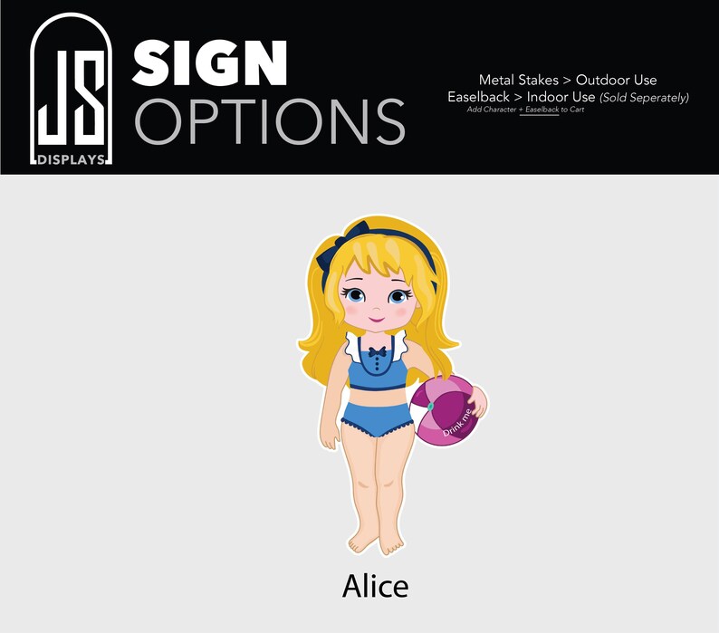 Puede incluir: Ilustraci&oacute;n de dibujos animados de Alicia con un traje de ba&ntilde;o azul sosteniendo un flotador de bebida morado y rosa. La imagen incluye el texto "SIGN OPTIONS" y "Alice". Las opciones de letreros son para uso en exteriores e interiores.