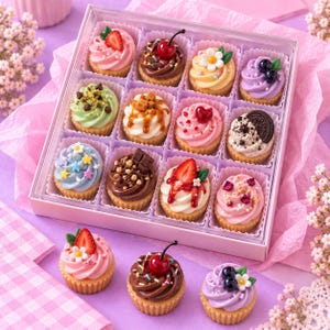 May include: A square clear box containing twelve miniature cupcakes with various toppings including fresh fruit, chocolate pieces, sprinkles, and edible flowers, accompanied by three additional cupcakes placed outside the box on a purple surface.