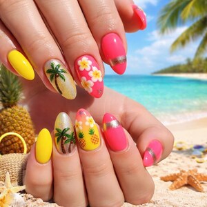 Hibiscus Pineapple Press On Nails Flower Palm Tree Nails Gold Accent Nails Bright Summer Almond Fake Nails Beach Nails