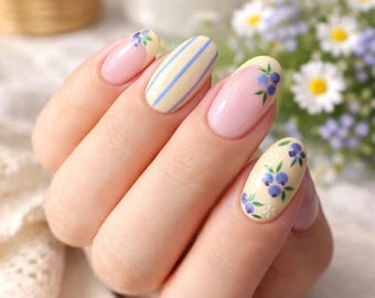 Floral Stripe Press On Nails Yellow Blue Flower Stripes Cute Spring Summer Glossy Almond Trendy Handmade Nails Set