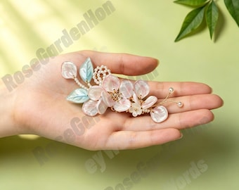 Pink Glass Flower Duckbill Clip Hanfu Hair Accessory - Ancient Chinese Style Wedding BridalForestFairyLuckyGiftElegant SideHairClip