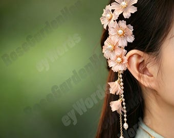 Pinza para el cabello de seda Hanfu antigua con borla de flor de cerezo - Hada del bosque Verano FrescoRetroAccesorio para la cabezaCheongsam BodaNoviaRegalo de la suerte
