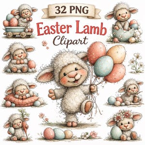 Op de afbeelding: Waterverf Paaslam clipart set. De afbeelding toont verschillende schattige lammetjes in verschillende poses, met ballonnen, eieren en wortels. De tekst "32 PNG" en "Easter Lamb Clipart" zijn ook zichtbaar.