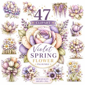 Violet Spring Flower Clipart Bundle, Pastel Watercolor Floral PNG Set
