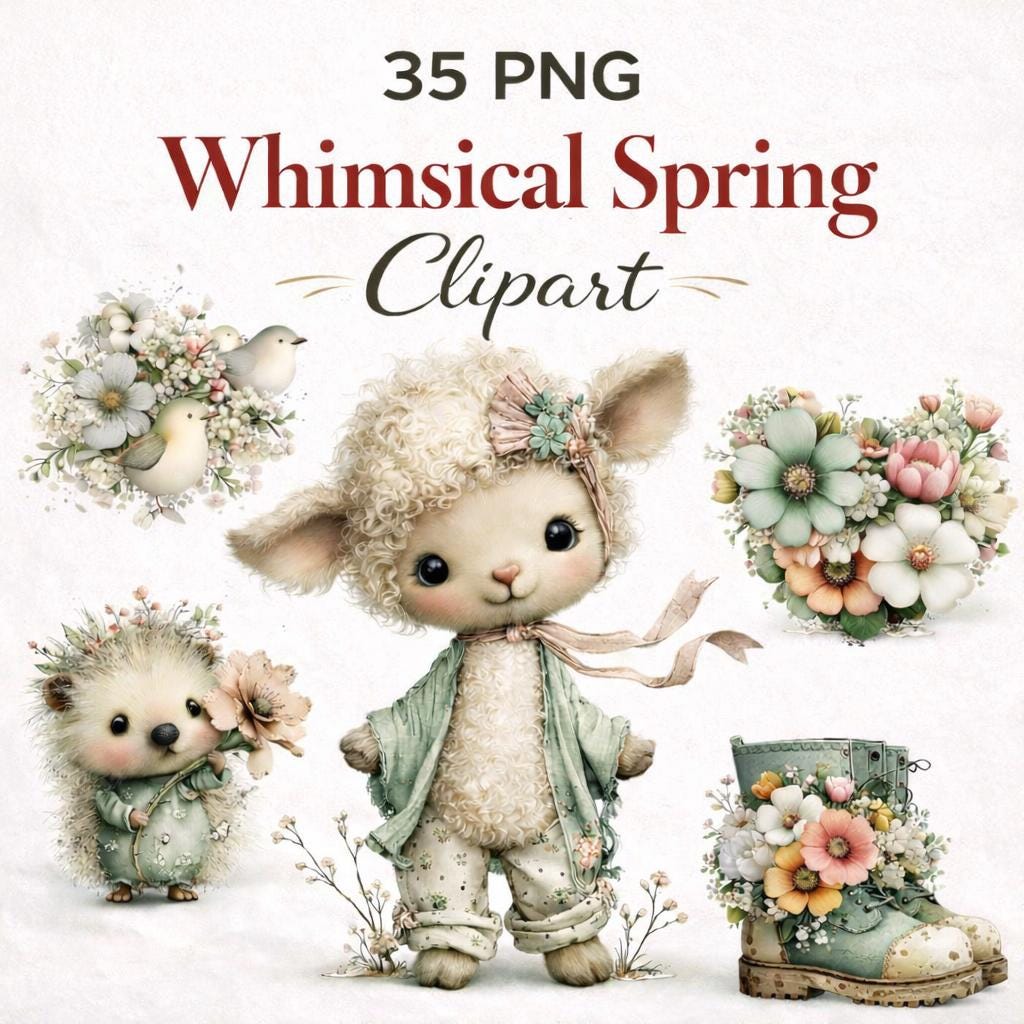 Whimsical Spring Clipart Bundle, Pastel Floral Garden Graphics (35 PNG ...