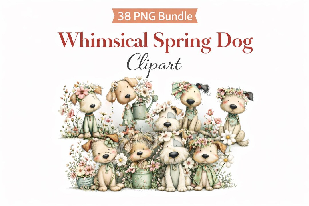 Whimsical Spring Dog Clipart Bundle, Cottagecore Puppy Floral Art (38 ...