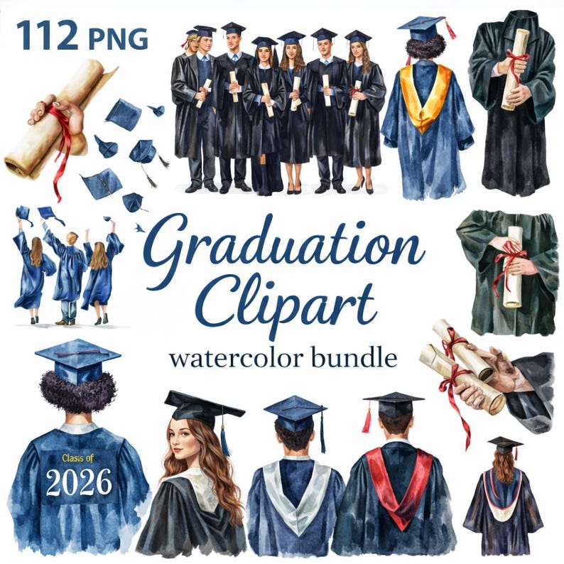 Graduation Clipart Bundle 112 PNG Watercolor Grad Cap Diploma Ceremony ...