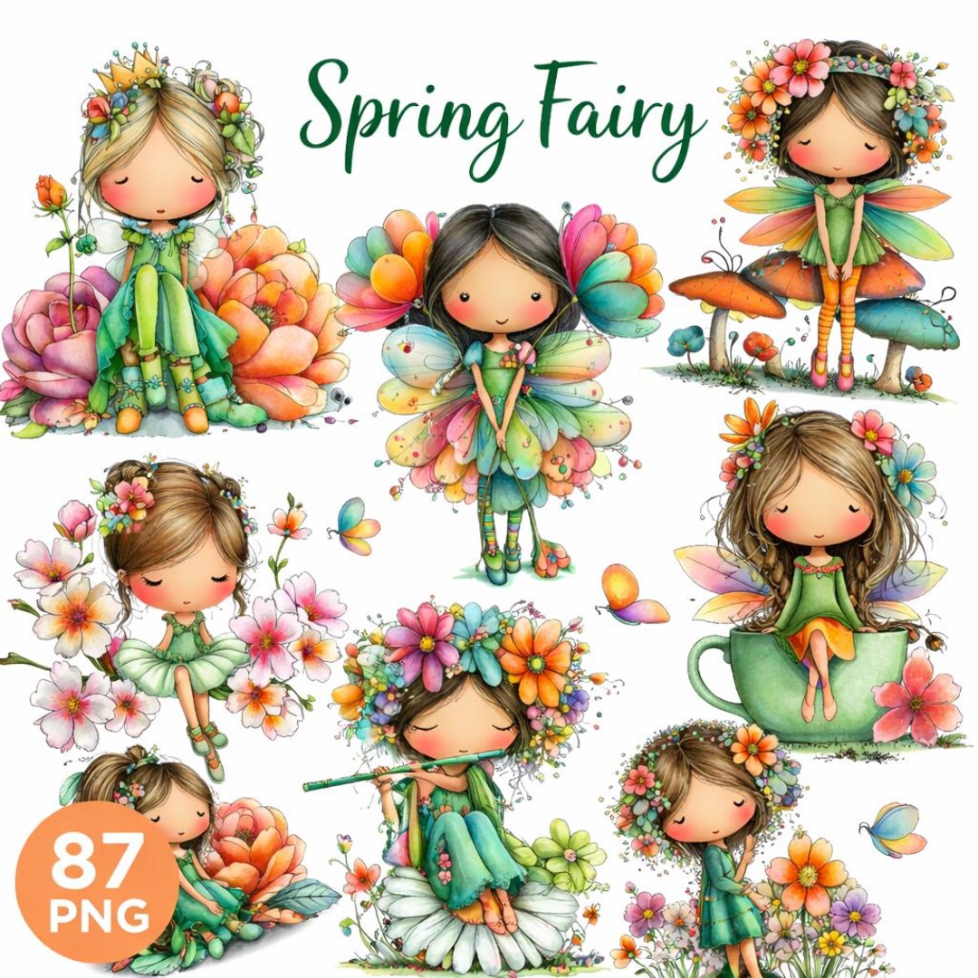 Spring Fairy Clipart Bundle: 87 Watercolor Floral Garden Pngs (digital ...
