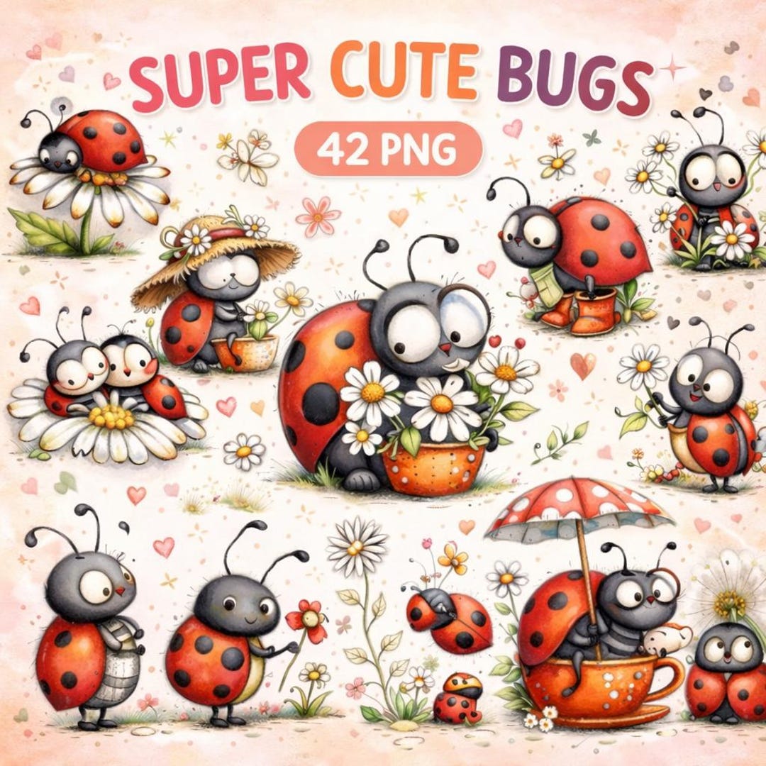 Spring Ladybug Clipart Bundle: Whimsical Garden Insect PNG Art (42 ...