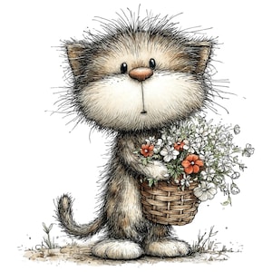 May include: A charming illustration of a fluffy cat carrying a woven basket of white and orange flowers. The cat has a brown and tan coat, large eyes, and a pink nose. The artwork is rendered in a detailed, hand-drawn style.
