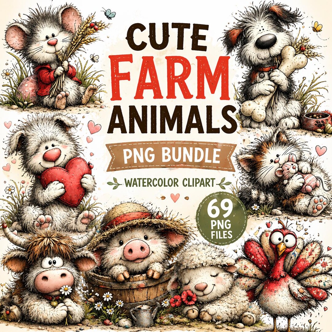 Cute Farm Animals PNG Bundle Watercolor Baby Cow Pig Chicken Sheep ...