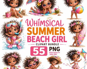 Whimsical Summer Beach Girl Clipart Bundle: 55 Watercolor PNG Files