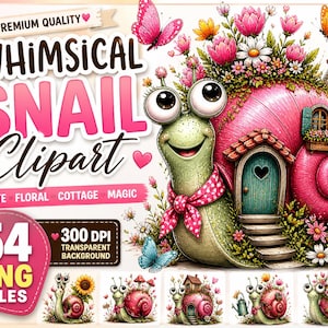 May include: Whimsical snail clipart set with a cute cartoon snail wearing a pink scarf and a house on its back. The image includes butterflies, flowers, and the text "WHIMSICAL SNAIL Clipart". Includes 54 PNG files with a transparent background.
