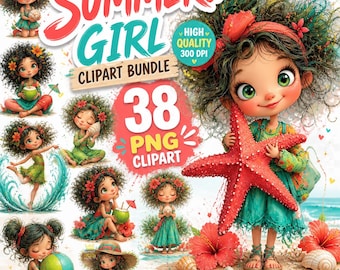 Paquete de imágenes prediseñadas de chicas veraniegas, arte de acuarela de playa tropical (descarga digital)