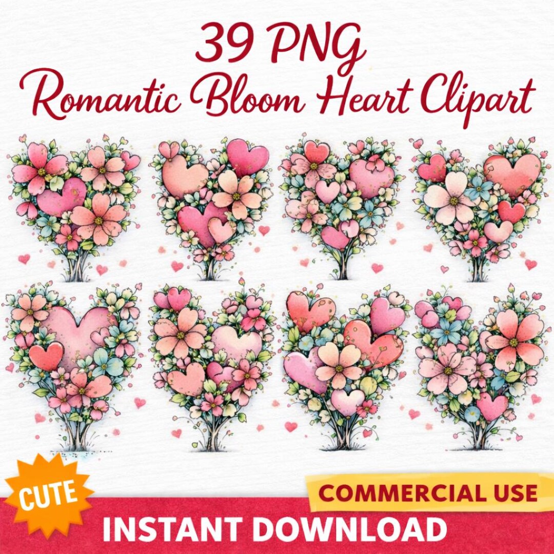 Romantic Bloom Hearts Clipart – Pink Floral Love Graphics (39 PNG ...