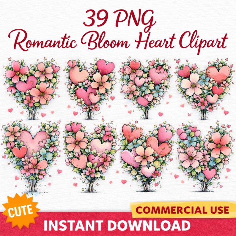 Romantic Bloom Hearts Clipart – Pink Floral Love Graphics (39 PNG ...